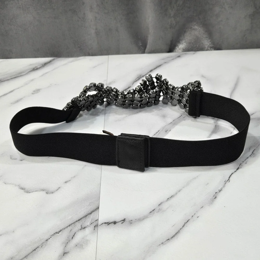 BCBGMAXAZRIA Waist Belt Medium Black Rhinestone Crystal Mesh Elastic Stretch